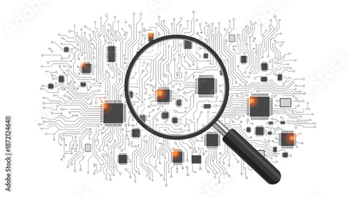 Magnifying glass over a circuit board with microchips and glowing elements, representing digital security, error detection, or tech analysis.