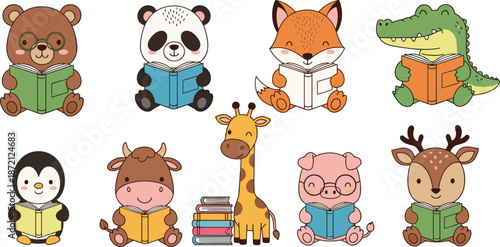 Set of cute cartoon animals reading books including bear, panda, fox, crocodile, penguin, cow, giraffe, pig, and deer cad drawing flat vector illustration