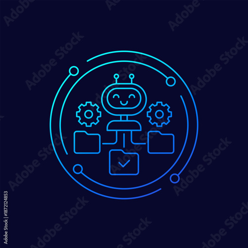 AI agent icon, artificial intelligence for automation, linear design with file folders and robot