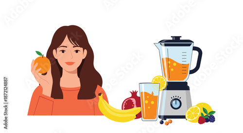 Smiling woman holding a fresh orange next to a kitchen blender and a variety of colorful fruits ready for making a healthy vitamin smoothie.