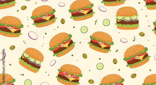 Delicious fast food seamless pattern featuring various tasty burgers with ingredients like tomatoes cheese and cucumbers scattered over a light background.