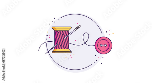 Decorative circular illustration featuring a spool of pink thread with a needle and a matching button for sewing and tailoring themes.