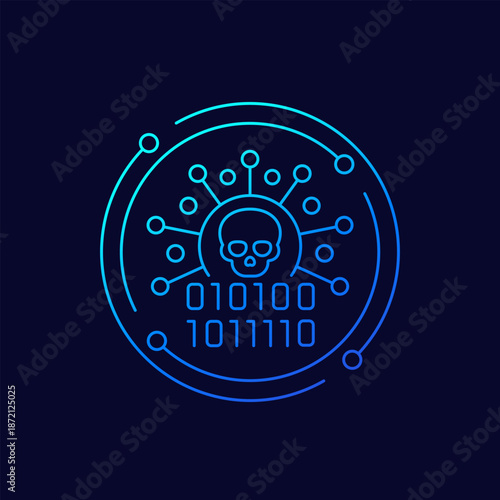 cyberattack and malware icon with binary code, linear design