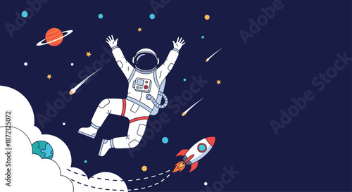 Adventurous astronaut floating happily in outer space with stars planets a rocket and a small earth in a playful cosmic illustration.