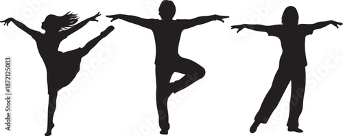 Silhouettes of people in various dance poses isolated on white