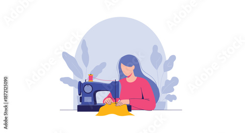 Focused young woman with blue hair working on a blue sewing machine to create handmade clothes in a creative home studio environment.