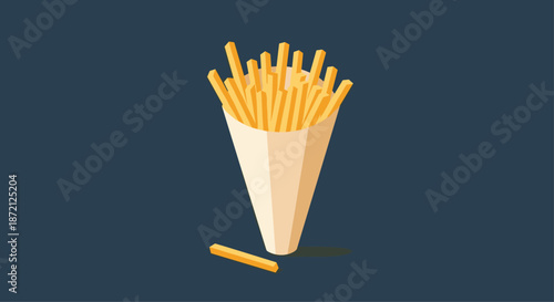 Delicious golden brown french fries served in a simple white paper cone container against a dark blue background for snack concepts.
