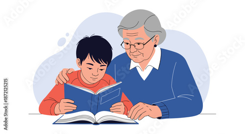 Caring elderly grandmother reading an interesting book together with her young grandson in a cozy and warm home environment illustration.