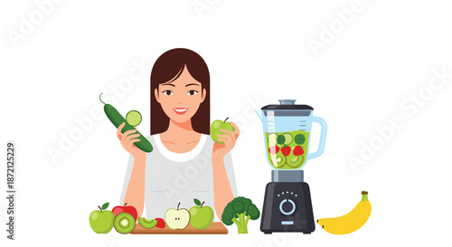 Young woman preparing a healthy fruit smoothie with a blender and various fresh ingredients like apples cucumber kiwi and bananas on the table.
