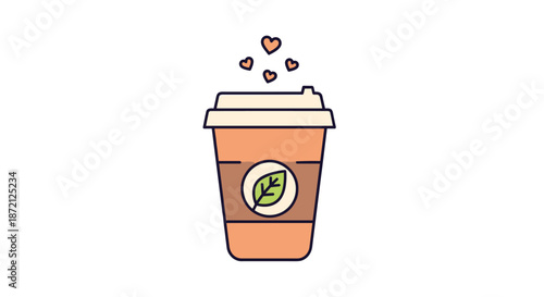 Eco friendly take away coffee cup decorated with a green leaf logo and small floating orange hearts representing love for sustainable drinks.