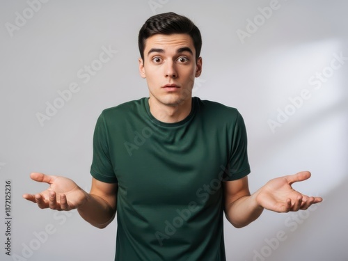 A young man with a puzzled expression on his face standing against a gray background with his hands outstretched in a questioning gesture