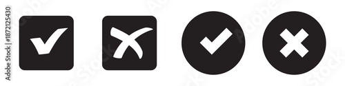 Checkmark x mark icon. Green checkmark and red x sign. Correct error vector symbol isolated on white background. Vote checkmark in circle and square box.