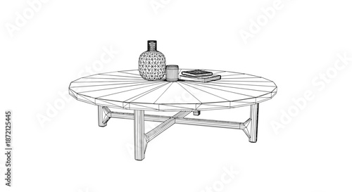 Modern round coffee table outline drawing featuring a decorative vase and books on its wooden surface for interior design planning illustrations.