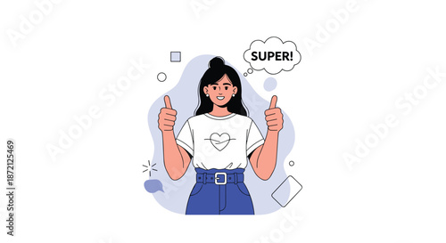 Enthusiastic young woman giving two thumbs up and smiling next to a speech bubble saying super on a light blue abstract background illustration.