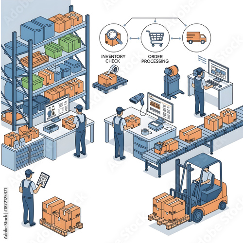 Warehouse workers processing orders and managing inventory