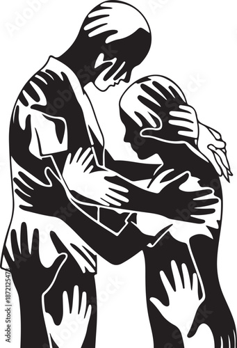 Illustration of a man embracing a woman with multiple hands