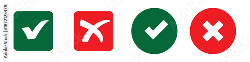 Checkmark x mark icon. Green checkmark and red x sign. Correct error vector symbol isolated on white background. Vote checkmark in circle and square box.
