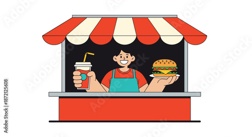 Friendly food stall vendor wearing an apron and smiling while holding a burger and a soda cup in a colorful market booth with a red awning roof.