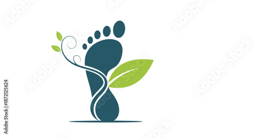 Ecological footprint logo design featuring a dark footprint shape with green leaves and a swirling vine on a white background for eco concepts.