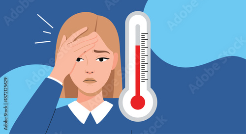 Young woman suffering from a headache and fever with a large thermometer showing high temperature on a blue abstract shapes background scene.