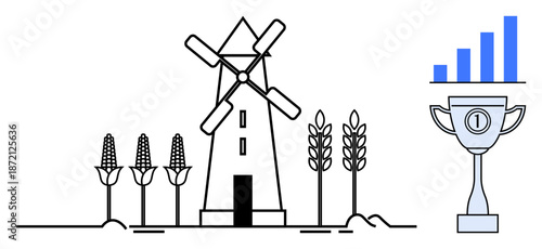 Agriculture concept. Agriculture with a windmill, corn, and wheat alongside a growth chart and trophy. Agriculture success, economic growth, and sustainable farming. Ideal for business, farming