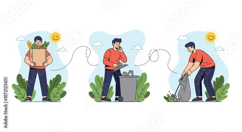 Set of three illustrations showing a man carrying groceries, disposing of waste in a bin, and picking up trash in a sustainable life concept.