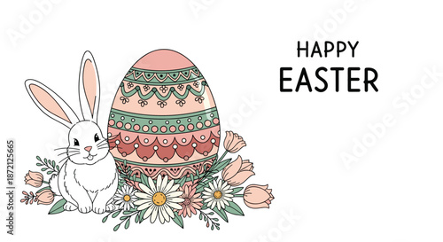 Cute white Easter bunny sitting next to a large beautifully decorated egg with floral patterns and spring flowers on a clean white background.