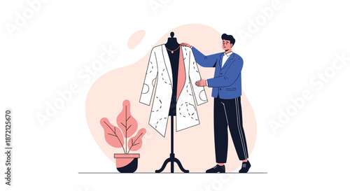 Fashion designer adjusting a stylish patterned coat on a black mannequin in a design studio with a potted plant on a soft pink background shape.