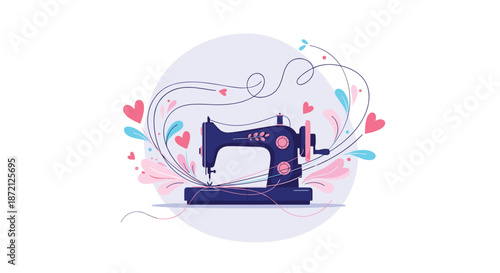 Artistic illustration of a vintage sewing machine surrounded by playful hearts and decorative swirls on a light purple background.