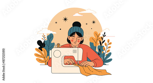 Creative illustration of a girl in a beanie hat using a sewing machine surrounded by bright orange and blue tropical foliage.