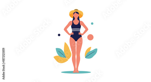 Slim woman wearing a stylish navy blue swimsuit and a wide brimmed sun hat standing confidently amidst abstract nature shapes.