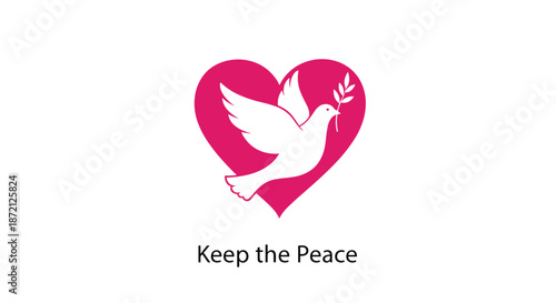 Symbolic pink heart featuring a white silhouette of a peace dove with an olive branch and the message keep the peace below.