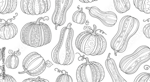 Seamless vector pattern showing various hand drawn pumpkins and squash in a black and white doodle style for autumn decorations.