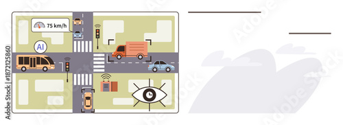 Smart cities, AI transportation, autonomous technology, road safety, vehicle monitoring, urban planning. Intersection with cars, buses and sensors showing AI integration. Smart cities and AI