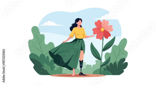Empowered woman with a prosthetic leg standing in a scenic outdoor environment next to a large blooming flower for inclusivity.
