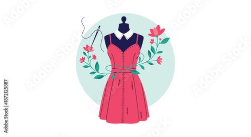 Stylish pink dress displayed on a dressmaker mannequin decorated with delicate flowers and a sewing needle with thread.