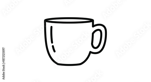 Simple and clean black outline drawing of a classic ceramic mug for coffee or tea with a small handle on a white background.