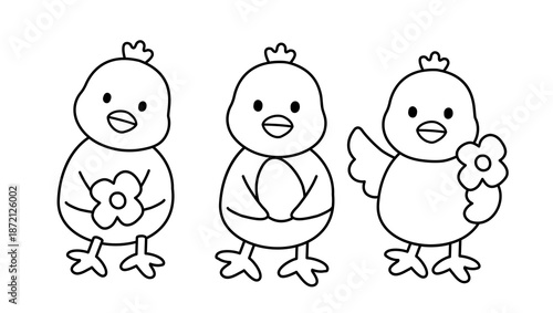 Cute Spring Easter Chick Outline,  Coloring pages and templates.
Children's handicraft activities.
White background.