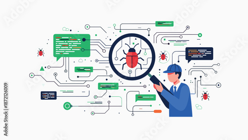 Person holding a magnifying glass to inspect a large bug icon on a circuit board background, representing debugging and software testing.