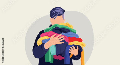 Person carrying a massive pile of colorful folded clothes and laundry to represent household chores or fashion organization.