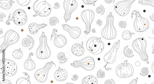 Decorative seamless background pattern with hand drawn black and white pumpkins, dots, and swirls for halloween or fall themes.