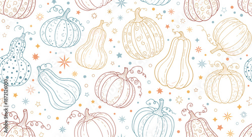 Pastel colored seamless pattern featuring various illustrated pumpkins, squash, and stars perfect for seasonal autumn backgrounds.
