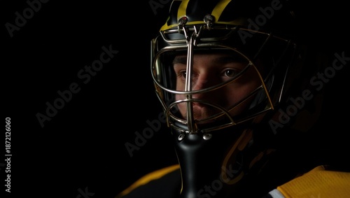 Wallpaper Mural A hockey goalie wearing a helmet and mask, showcasing intense focus and determination. Sports and competition atmosphere. Torontodigital.ca