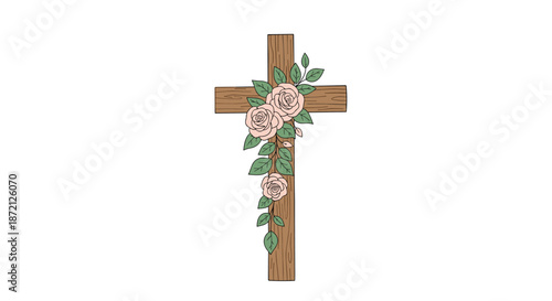 Rustic wooden cross beautifully adorned with soft pink roses and green leaves as a symbol of religious faith and celebration.