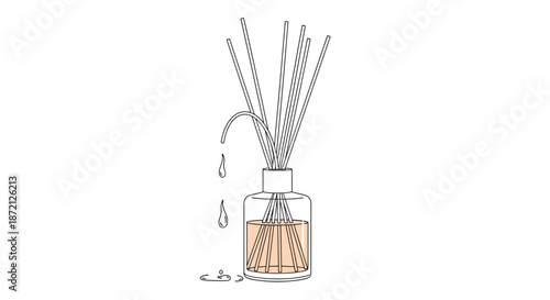 Glass bottle reed diffuser with wooden sticks and fragrance oil, depicting scent being released through droplets in a simple style.