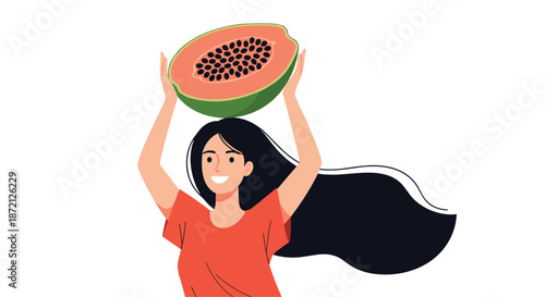 Joyful woman with long dark hair carrying a large sliced papaya on her head, set against a clean and bright white background.