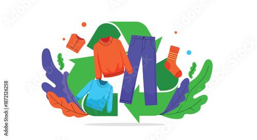 Illustration of various clothing items circling a green recycling symbol, promoting sustainable fashion and textile reuse initiatives.