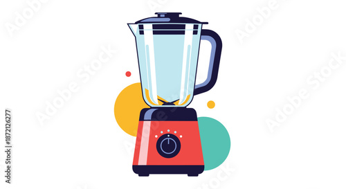 Vibrant red kitchen blender with a clear jar standing against a background of orange and teal abstract circular shapes.
