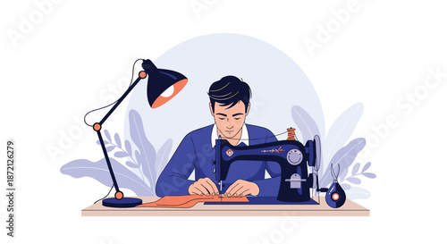 Tailor working diligently at a sewing machine under a desk lamp, surrounded by leafy plants in a creative studio environment.