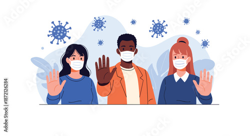 Diverse group of people wearing protective face masks and making a stop hand gesture against a background of virus particles.